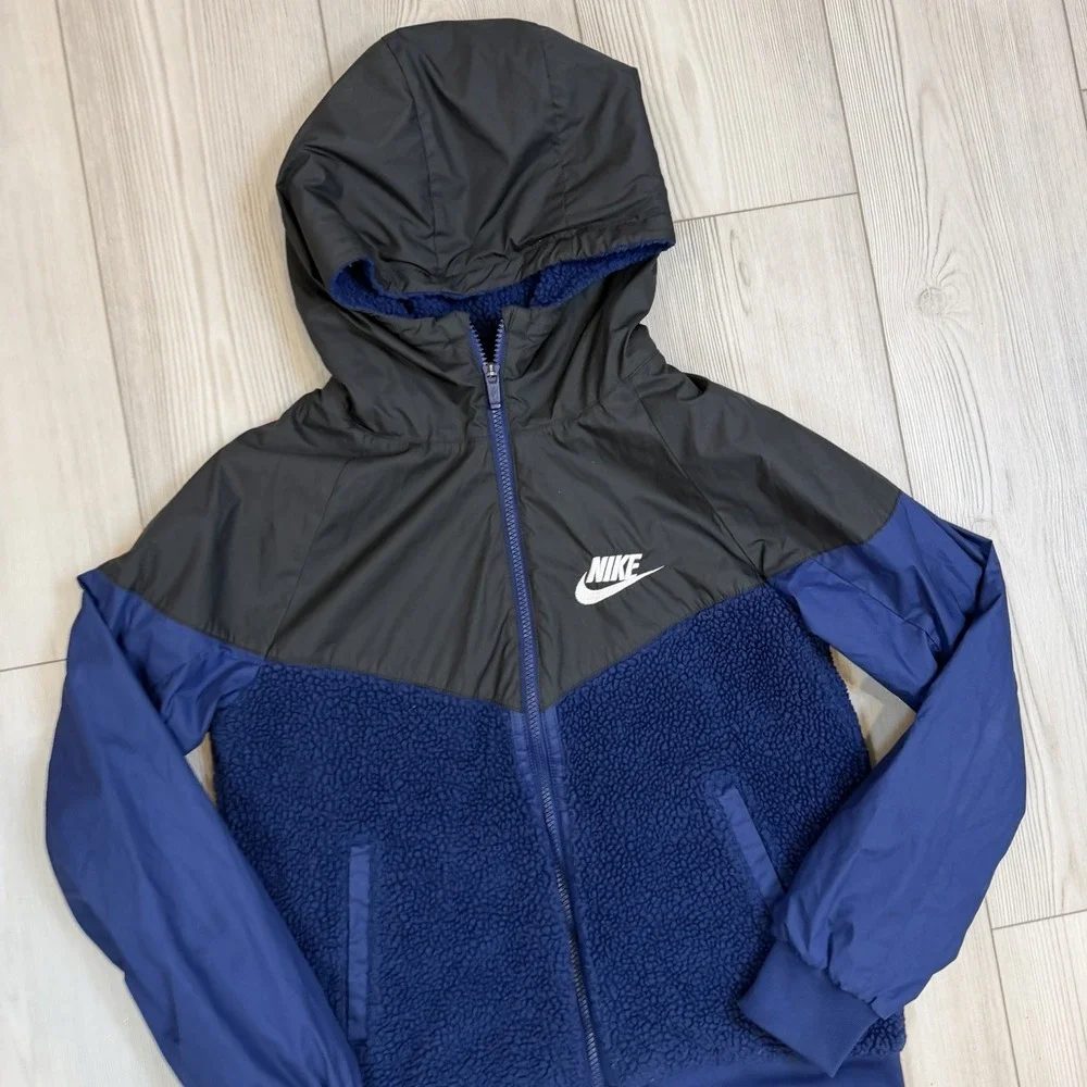 Nike Jacket Youth Large Navy Black Fleece Full Zip Windrunner Pockets AA0069‎